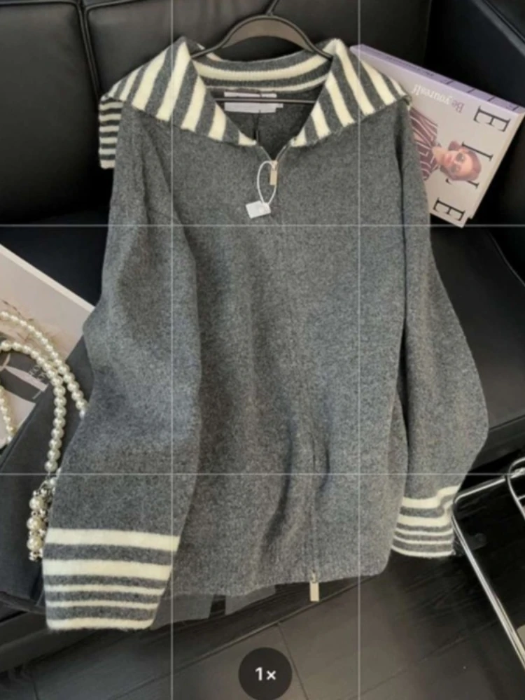 

Sailor Collar Striped Gray Sweaters Coat Women Fashionlazy Loose Long Sleeve Tops Mujer 2025 Spring Autumn New Knitted Cardigan