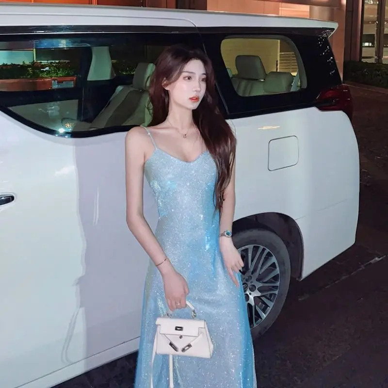 Blue enchantress shining sexy fashion high waist suspenders backless self-repair Mermaid package hip small fresh leisure dress