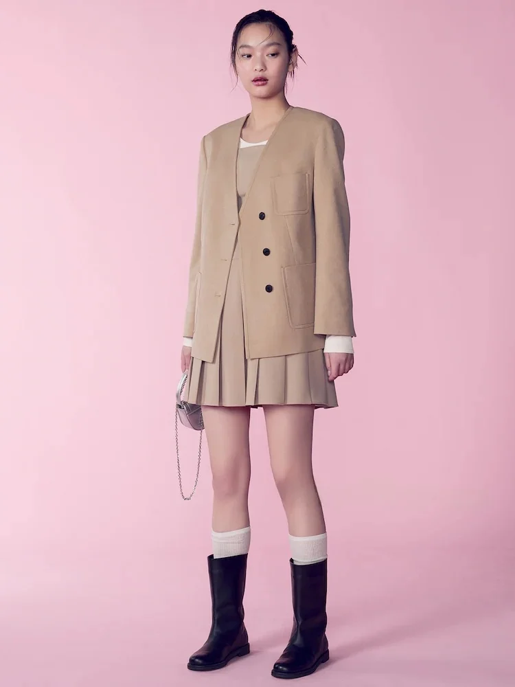 Wyszczuplająca wełniana kamizelka z plisami, dekolt w serek, rozcięcie, uniwersalna odzież robocza, długi rękaw, zapinana na guziki, jednolity kolor, wiosenna moda.