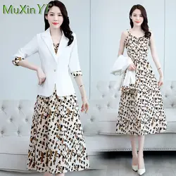 Women's Suit Jacket Dress Two-piece 2022 Spring Autumn New Slim Blazers Coat Printed Skirt Seet Korean Fashion Professional Wear