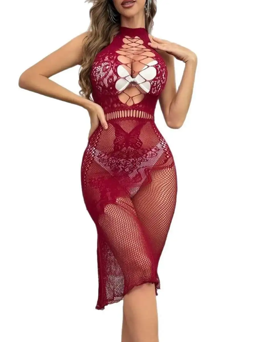 Women's Sexy Dress High Elasticity Semi-sheer Mesh Dress Hollow Out Solid Color Hanging Neck Sleeveless Dress Charming WSAO