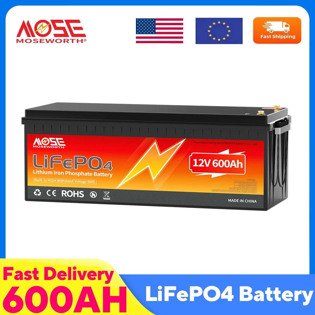 

Литиевая батарея MOSEWORTH 12 В 600 Ач LiFePO4 с литий-железо-фосфатной батареей глубокого цикла 200 А BMS 10000+ для морского кемпинга на колесах