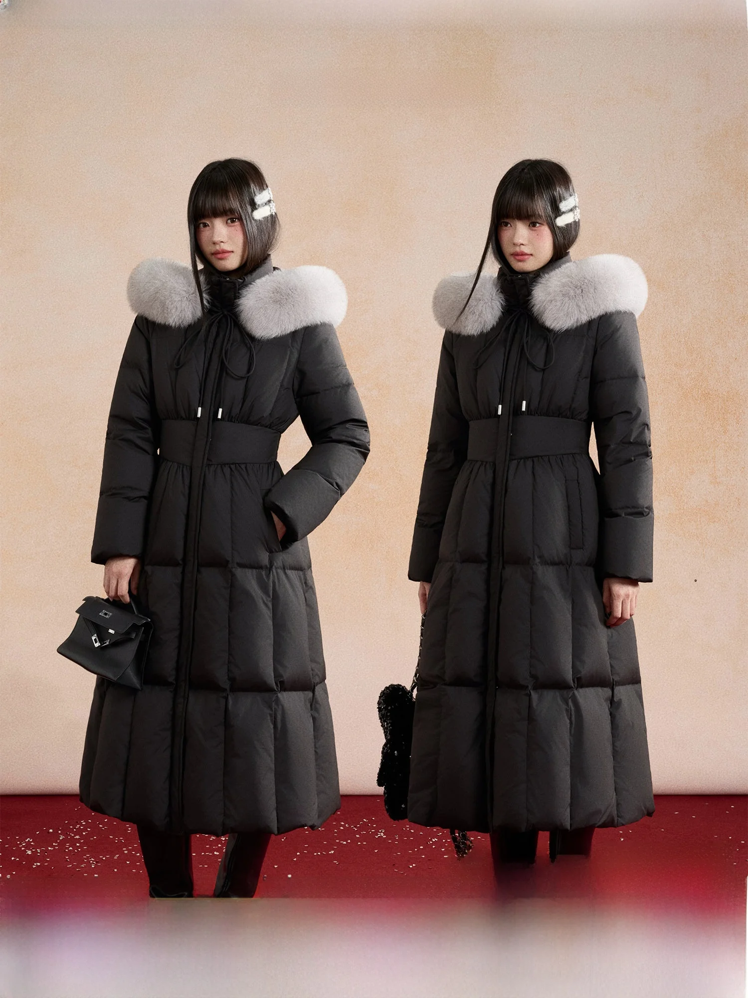 

DALU Studio Fur Collar Waist-Cinching Hooded Mid-Length down Jaet White Du Feather Warm Sli Women's Outerwear