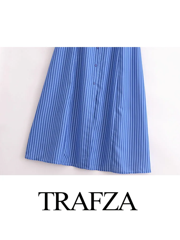 TRAFZA-Vestido Midi de gola com camisa com renda nas costas feminina, vestido solto de peito único, listra elegante, verão