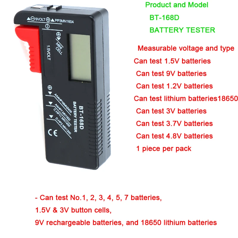 BT-168 AA/AAA/C/D/9V/1.5V Button Battery Voltage Lnspector Color Display Universal Battery Tester