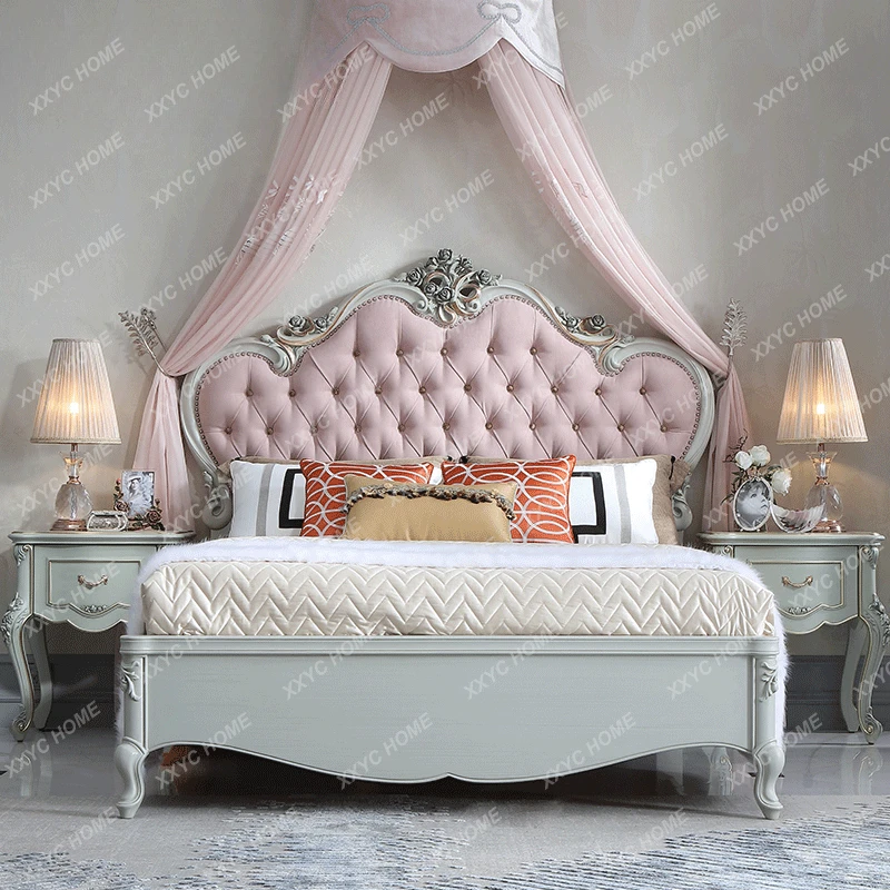 Court French Style 1.5 M Pink Princess Bed Beech Master Bedroom Double Bed European Flocking Daughter Bed bedroom set