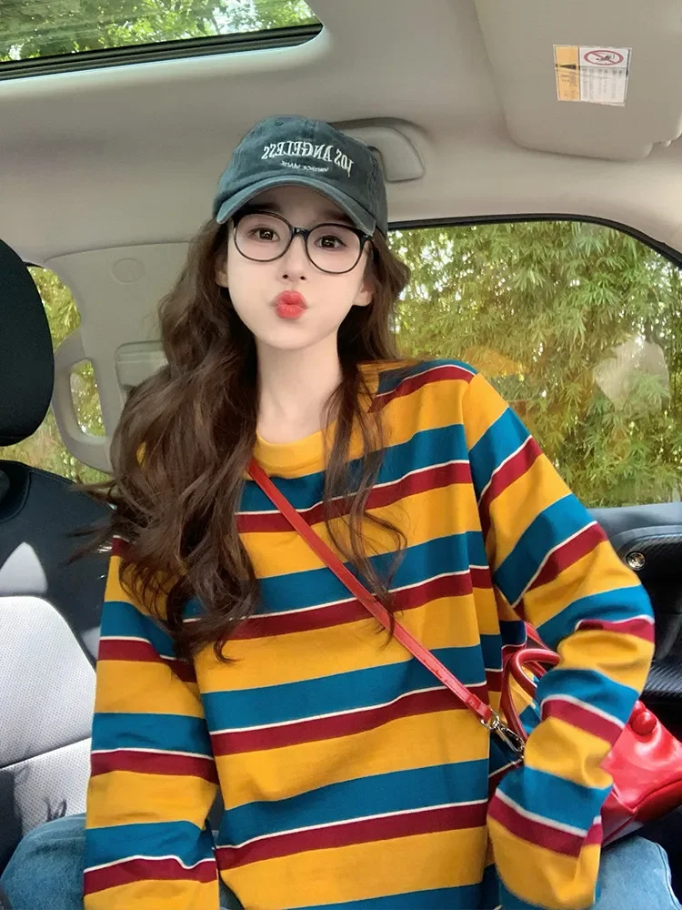 Women Color Block Striped Long Sleeve T Shirt Crew Neck Loose Casual Retro Yellow Blue Red Stripe Basic Tee Daily Streetwear image 3