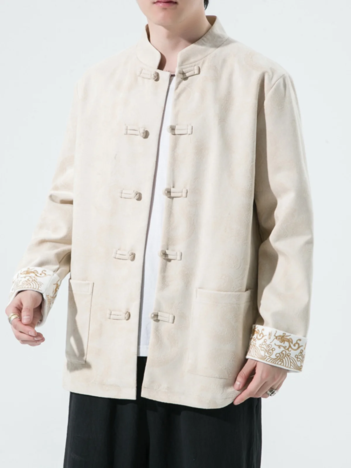 

Retro Deer Skin Velvet Jaet Autumn Winter Men's Clothing Youth Large Size Buttoned Tang Costume Chinese Print Hanfu Outerwear