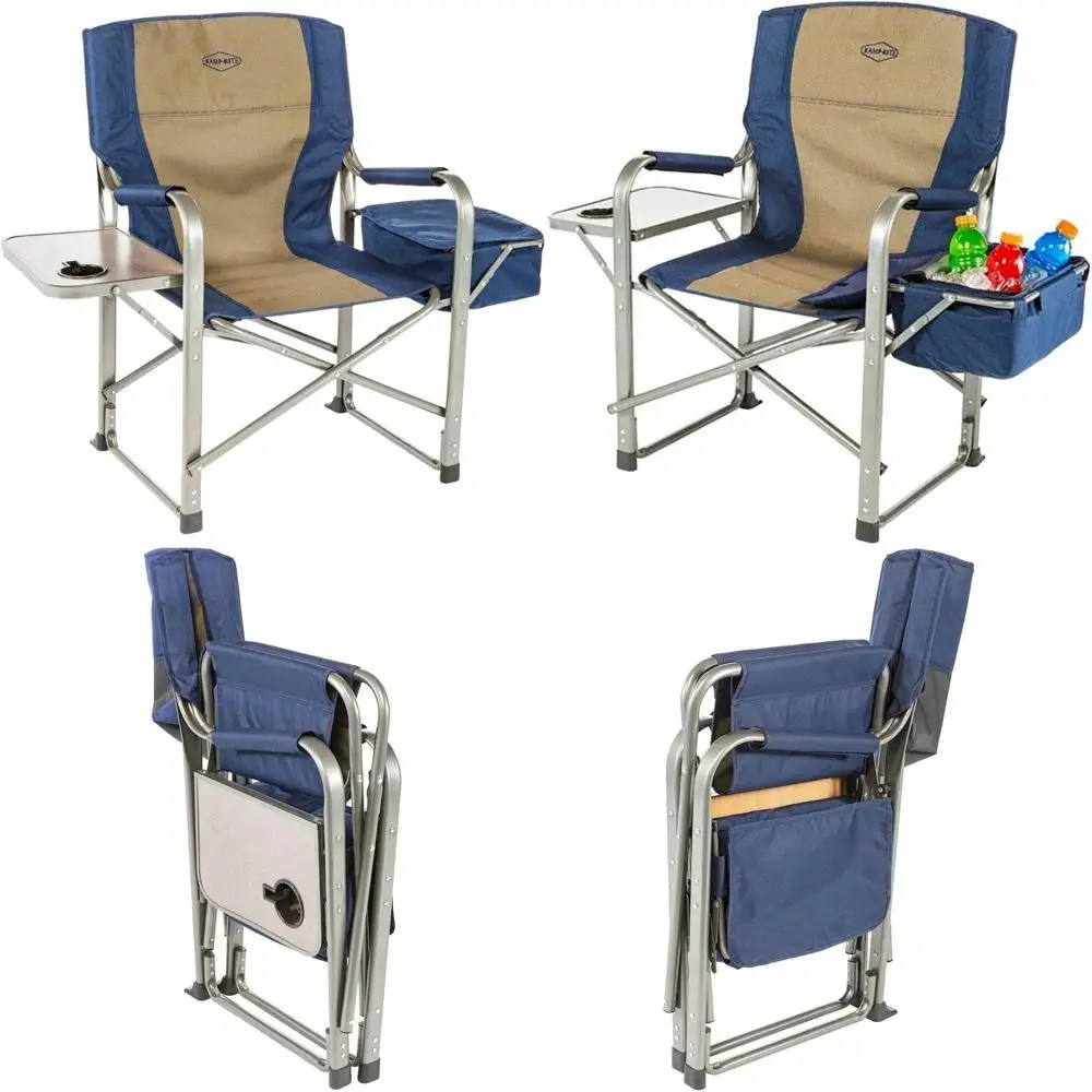 

Portable Lawn Chair with Cooler, Table, and Cup Holder - Ideal for Beach, Patio, Tailgating, 350 lbs Capacity, Navy/Tan