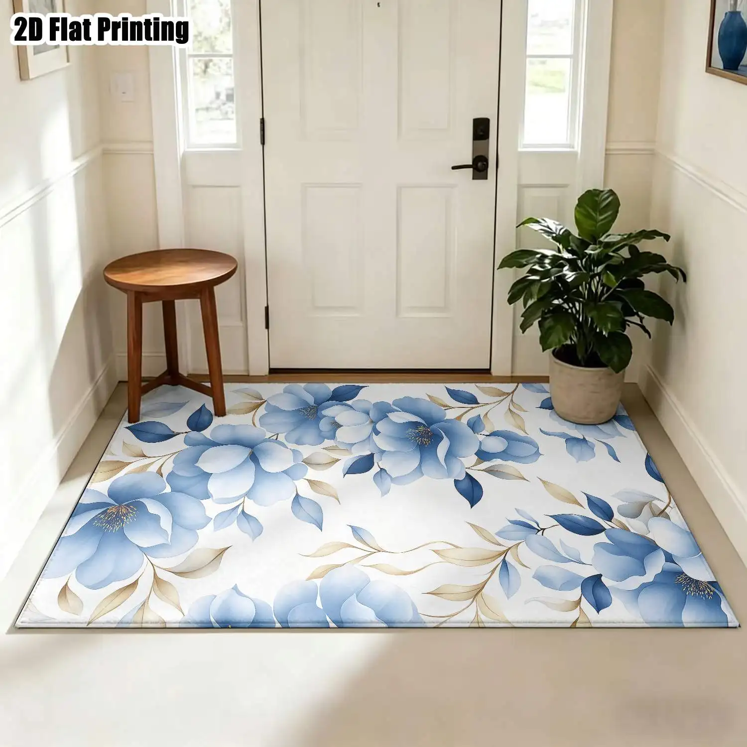 1Pc 2D Printed Carpet: Fresh Blue-White Floral Nordic/Instagram Modern Minimalist Style, Multi-Size, Machine Washable, Ideal for Entryway, Dining Room, Foyer, Living Room, Bedroom, Study Home Decor