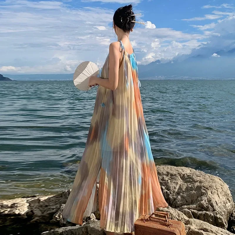 

Draped Tie Dye Chiffon Robes for Women 2023 Sleeveless Simple Vacation Summer French Holiday Style Dress Loose Long Clothes New