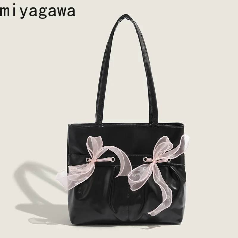 Miyagawa 2024 Women's Korean Edition Instagram Causal Sweet Bow Large Capacity Tote Bag Academy Style Shoulder Bags