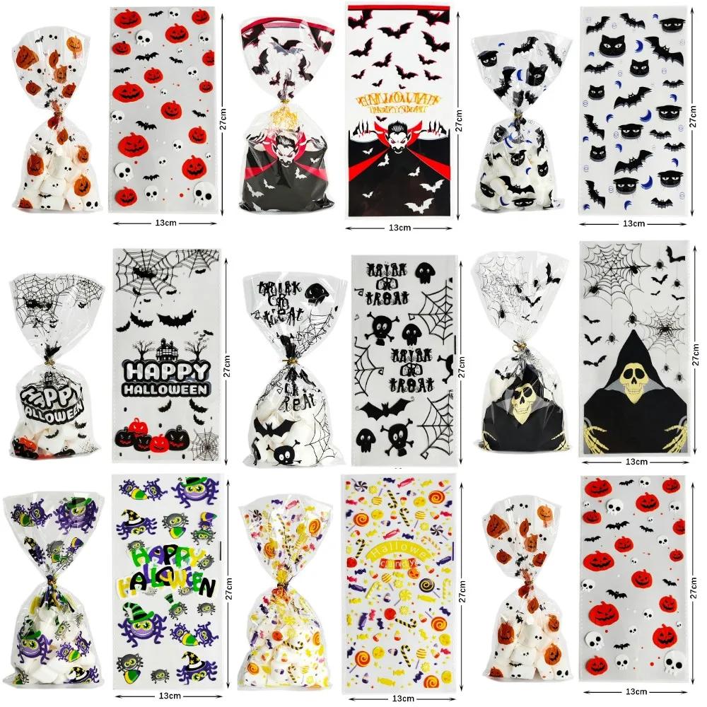 50 Stück Halloween Süßigkeiten Tasche Kürbis Schädel Fledermaus Plastiktüten transparente Zellophan Keks Verpackung Geschenk DIY Halloween Party Dekor