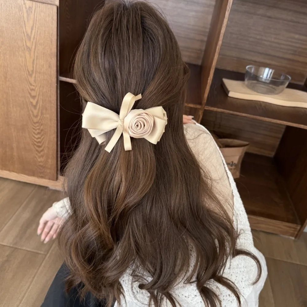 Rose Flower Rose Banana Clip Jaw Clip Style Lightweight Bow Flower Hair Clip Satin Ribbon Low Ponytail Style Rose Hair Clip