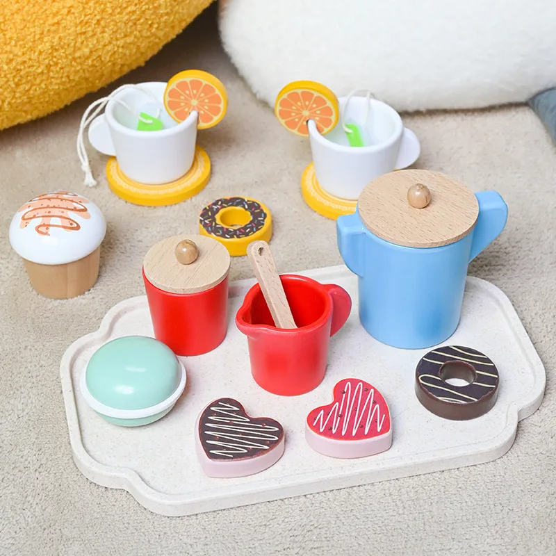 Wooden Afternoon Tea Set Toy Pretend Play Kids Kitchen Food Toys Imitation Game Early Educational Toys for Children\'s Day Gift