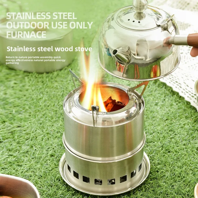 

Outdoor Mini Portable Stainless Steel Wood Burning Stove Camping Hiking Cooker Burner Smokeless Durable Round Fire Pit Stove