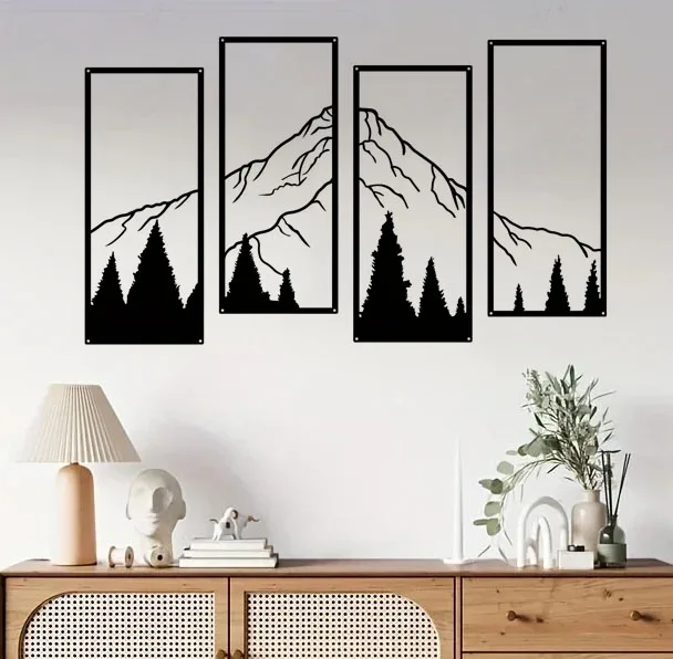 Crafts 4pcs Minimalist Metal Mountain Wall Decor - Square Sculpture for Home, Office, Living Room, Bedroom - Unique Wall Art