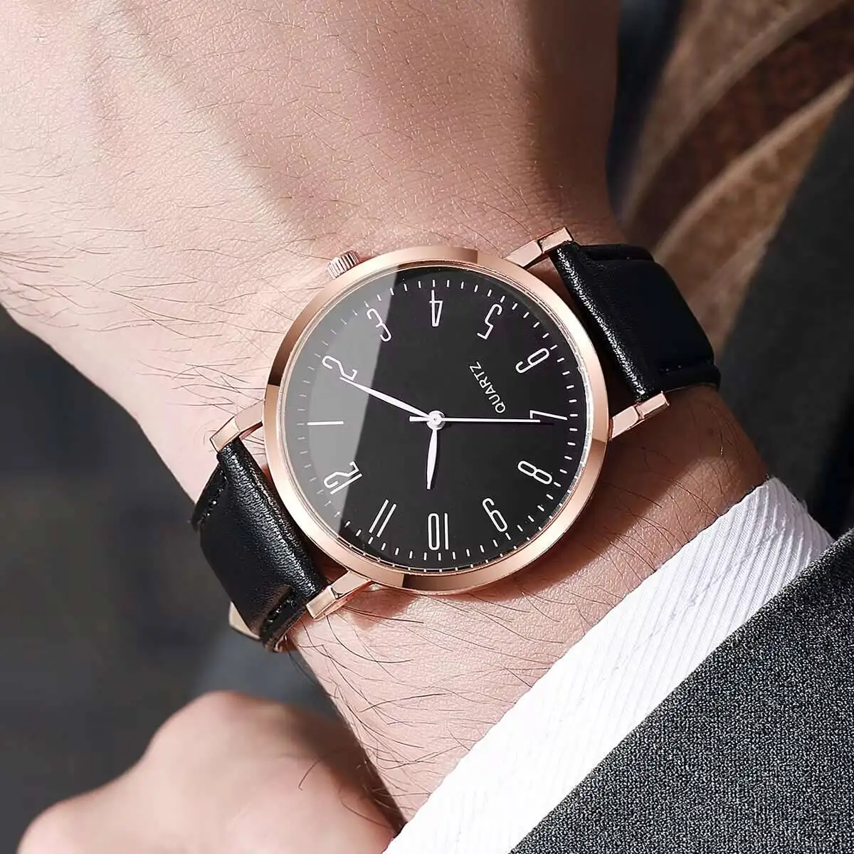 Fashion Men Quartz Watch Simple Leather Strap Mens Business Wristwatches Reloj Hombre（Without Box）