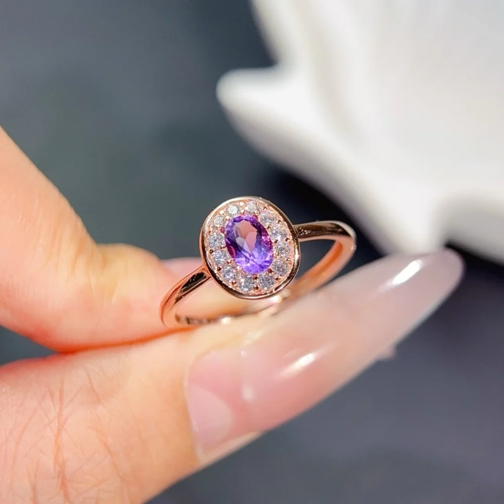 

S925 4×6mm Sterling Silver Natural Amethyst Gemstone Ring for Women Fashion Healing Jewelry Stylish Accessory Sweet Gift