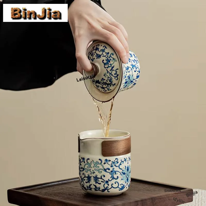 150ml Retro Ru Kiln Porcelain Gaiwan Blue And White Blessing Three Talents Tea Tureen Making Cover Bowl Services Craft Supplies