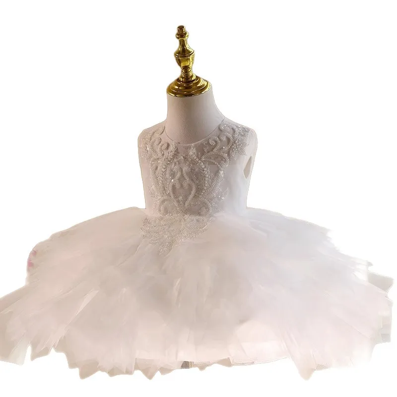 White Baby Girl 1st Birthday Dress Lace Beaded Tulle Kids Girl Dresses Toddler Baptism Birthday Party Wedding Children Clothing - view 5