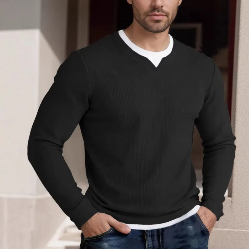 Men's Waffle Knit Fake Two Piece Long Sleeve T-Shirt Spring Casual V Neck Top