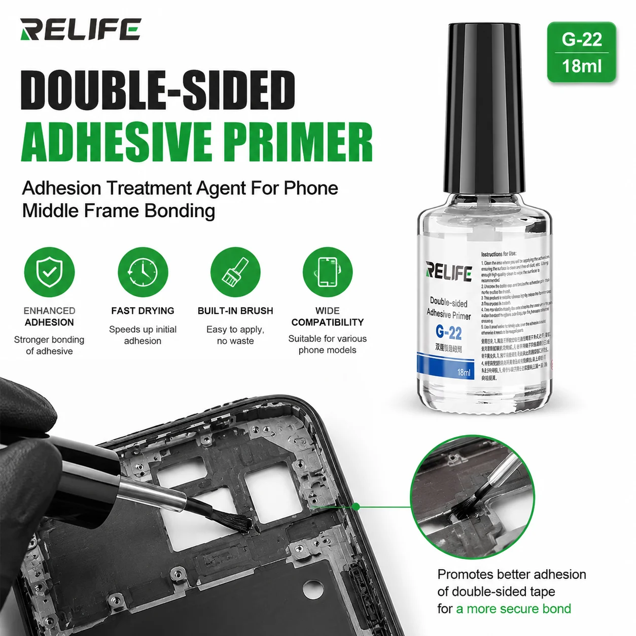 RELIFE G-22 18ml Double-sided Adhesive Primer Built-in Brush Enhanced Adhesion for Phone Middle Frame Glass Repair