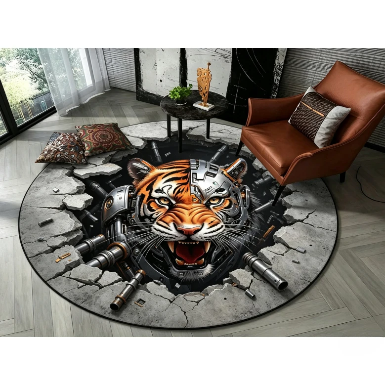 Cyber Robot Round Floor Rug Half‑Mechanical Tiger Breaking Cracked Stone Surface Pattern Decor Area Rug for Indoor Home Ornament