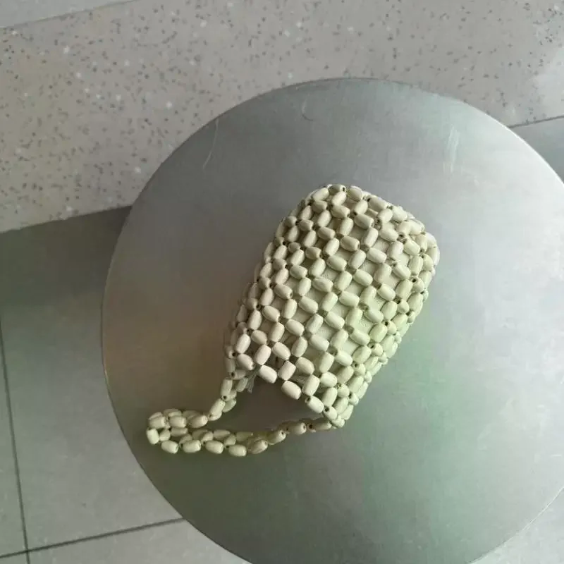 Handmade Wooden Bead Woven Bucket Bag Creative Vintage Handbag Fashion Portable Purse for Ladies Summer Shopping