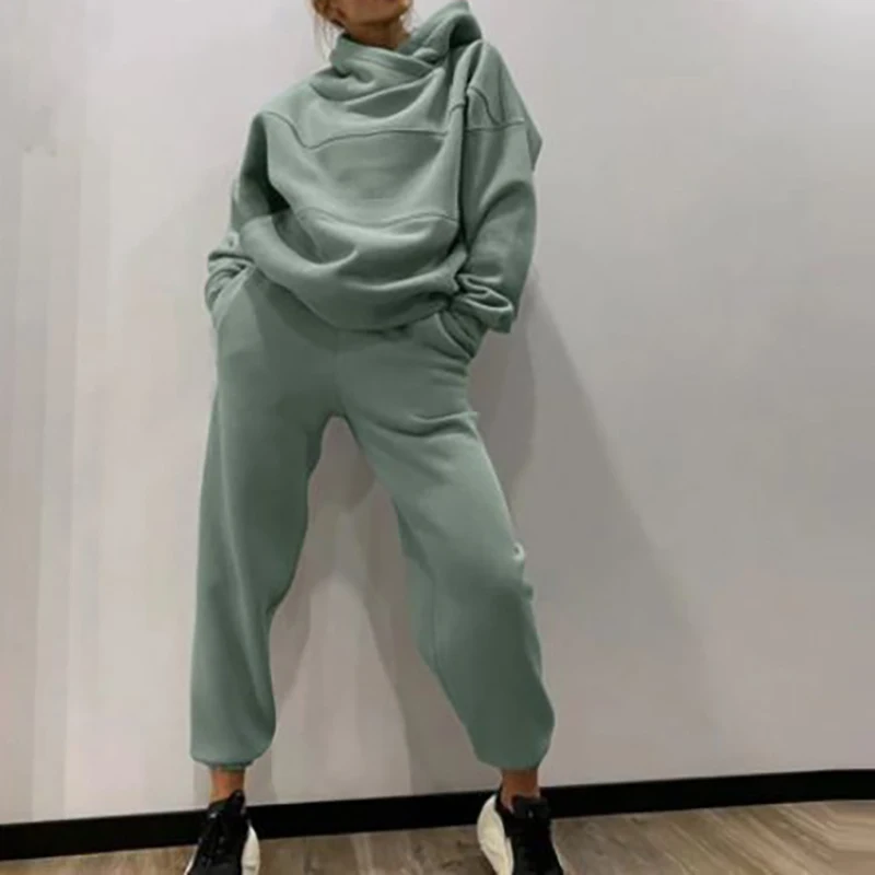 Women Solid Tracksuit Sportwear 2024 Hooded Long Sleeve Sweatshirt Tops&Pockets Pant Outfit Winter Autumn Thickness Two Piece