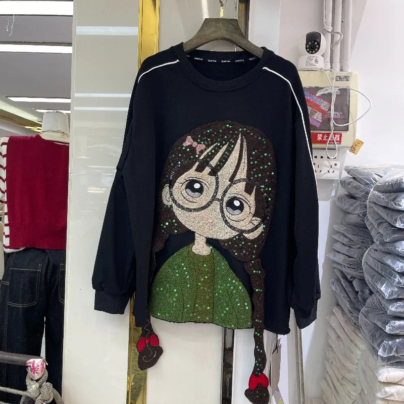 European Style Trendy Brand Patchwork Cartoon Girl O-Neck Long Sleeves Sweatshirt Loose Fit Oversized Top Women's Autumn Hoodies