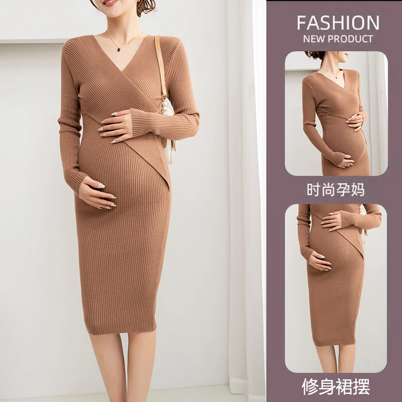 624# Across V Neck Nursing Sweaters Autumn Winter Elegant A Line Slim Breastfeeding Dress Clothes for Pregnant Women Pregnancy