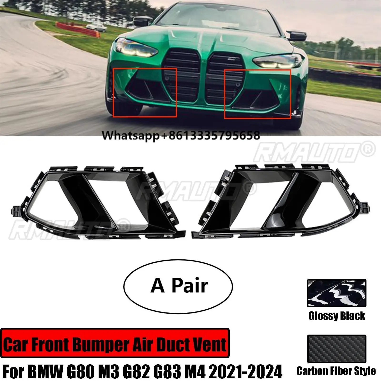 

For G80 M3 G82 G83 M4 2021-2024 Car Front Bumper Air Duct Vent 2PCS Grill Trim Fog Light Cover Carbon Fiber Look GlossyBlack