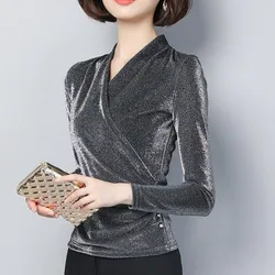 2023 Autumn and Winter Women's Pullover V-neck Patchwork Button Slim Solid Color Fashion Casual Elegant Long Sleeve Tops