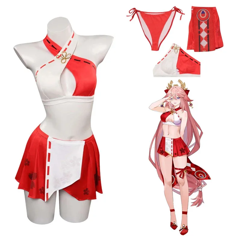 

Game Genshin Impact Cosplay Yae Miko Cosplay Swimsuits Costume Outfits Red Tops Shorts Set Halloween Carnival Party Summer Suit