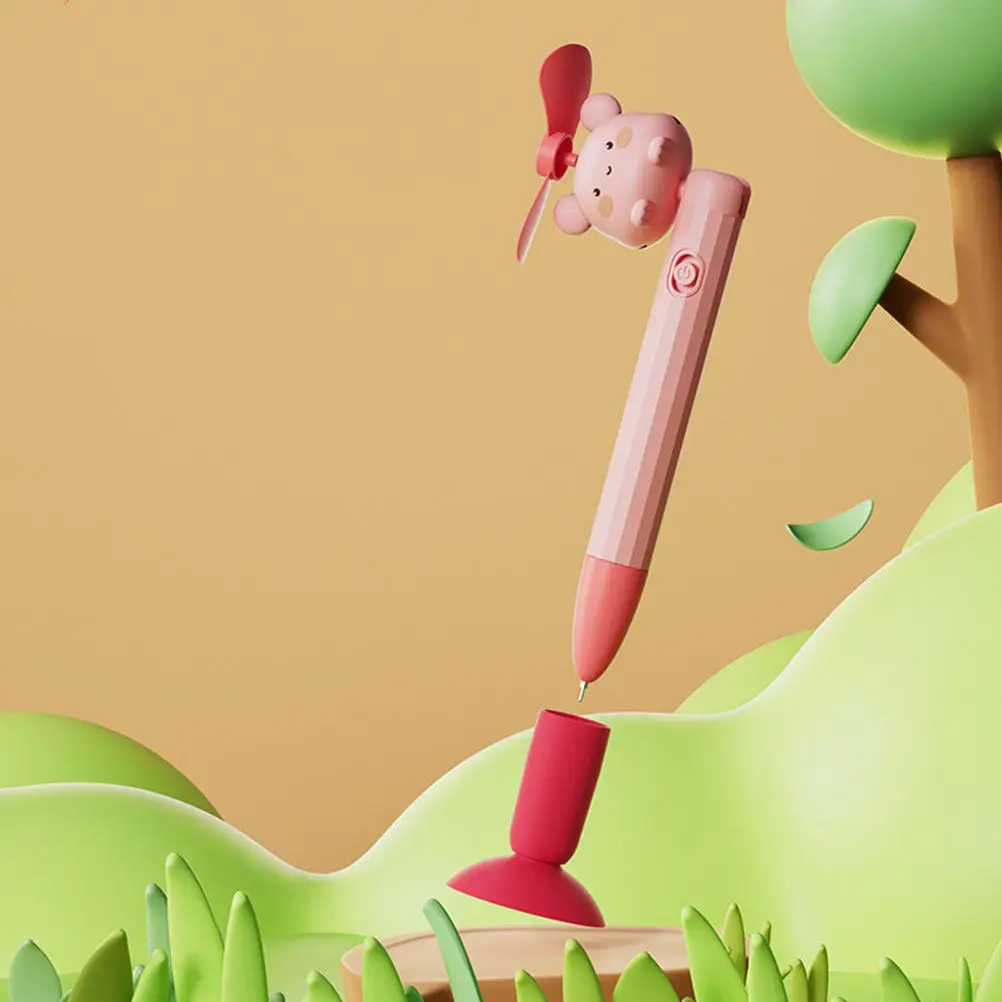 

Electric Fan Pen Small Pink Cartoon Suction Cup Desk Fix Kids Writing School Office Use Smooth Portable Multi Function Ballpoint