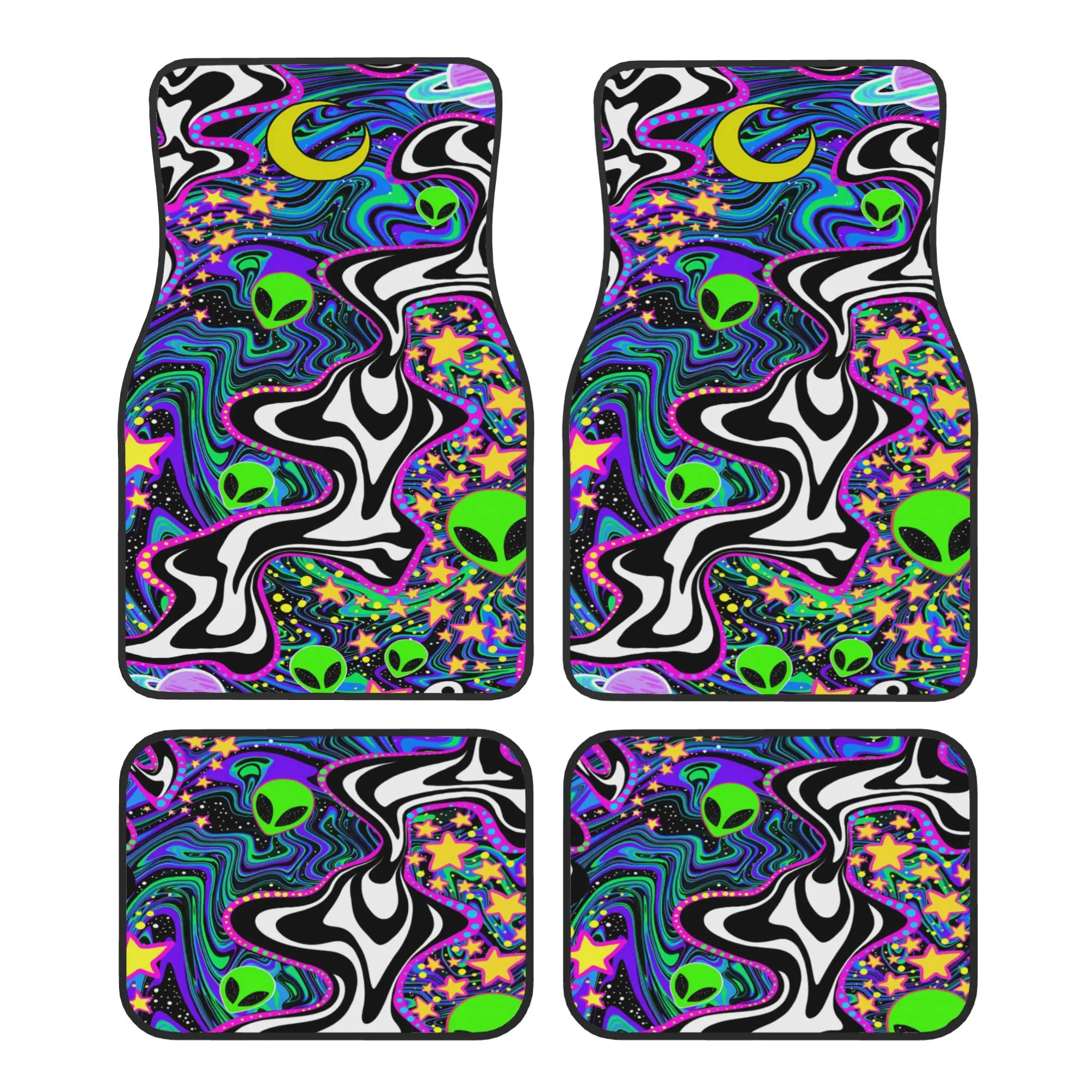 4pcs Car Floor Mats Alien Space Psychedelic Pattern Universal Fit Car Floor Mats Car Accessories Interior Decor