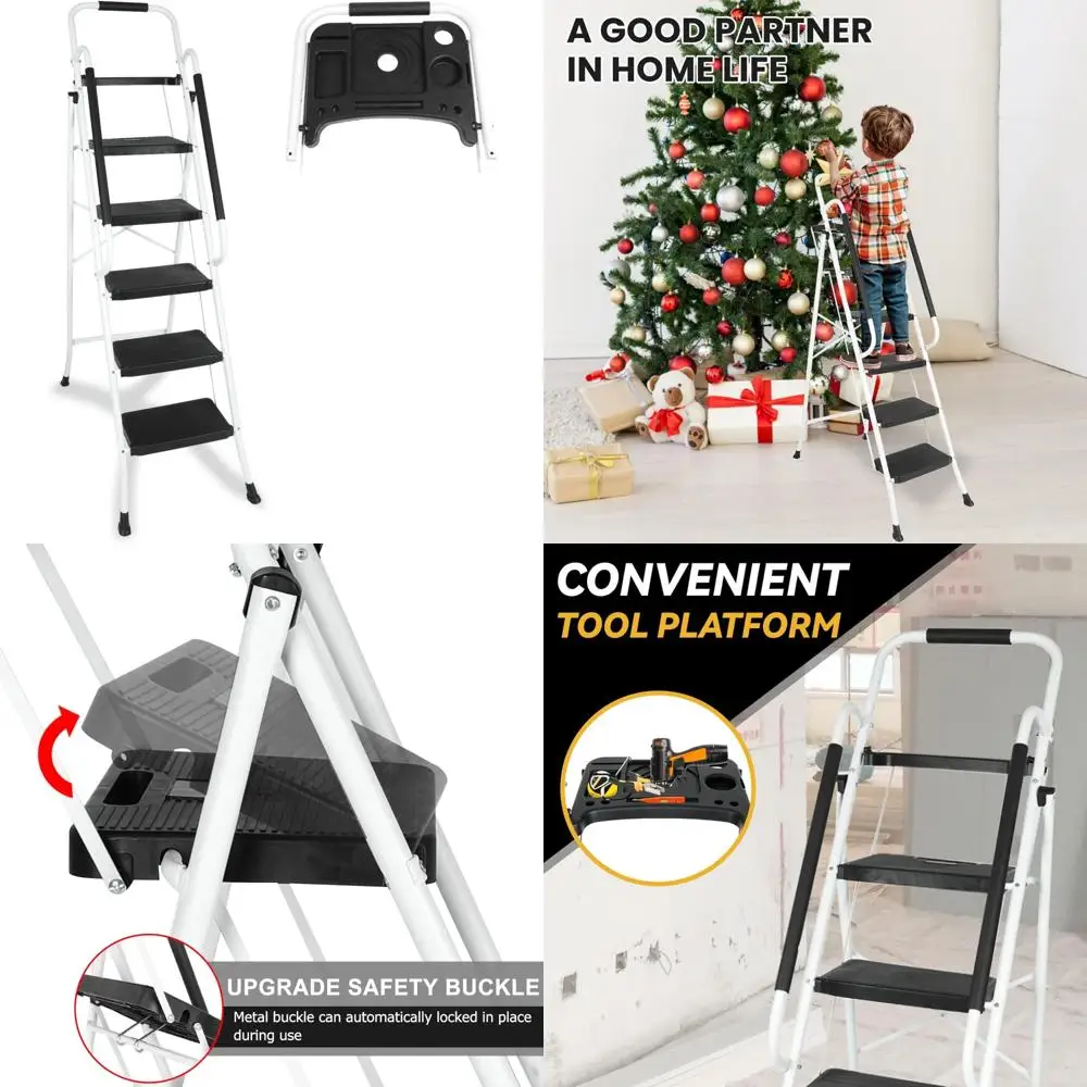 folding 5-step ladder with handrails and tray, 330 lbs capacity, portable steel stool