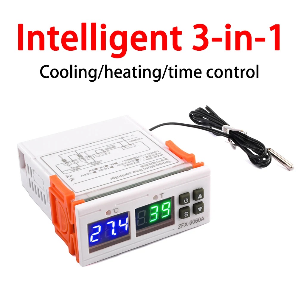 Regolatore di temperatura digitale a doppio LED raffreddamento controllo del tempo di riscaldamento termostato 3 in 1 con sonda 12V 24V 220V per