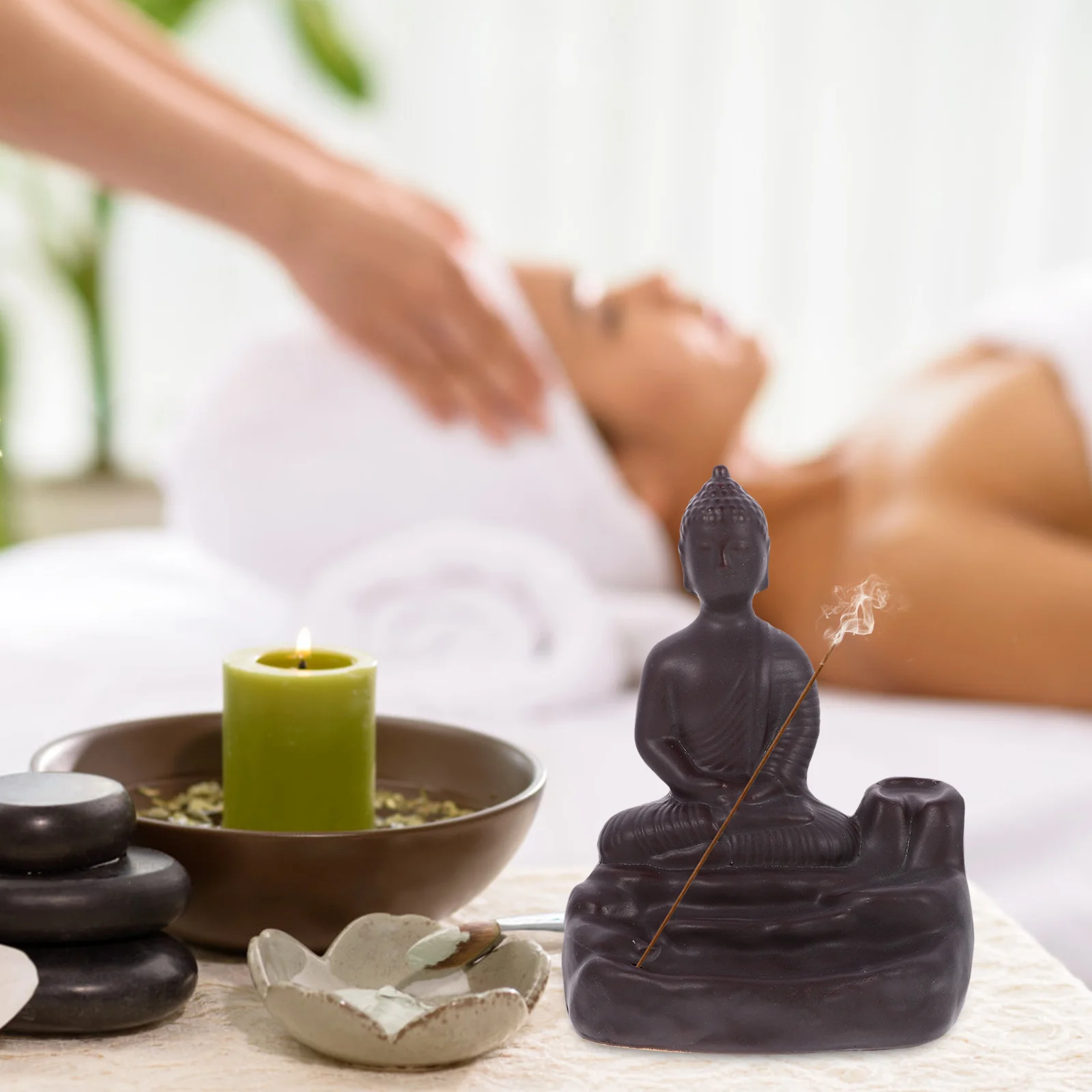 

1Pcs Ceramic Buddha Censer with Backflow Design Incense Holder for Yoga Study Bedroom Spa Aroma Relaxation Decor Black