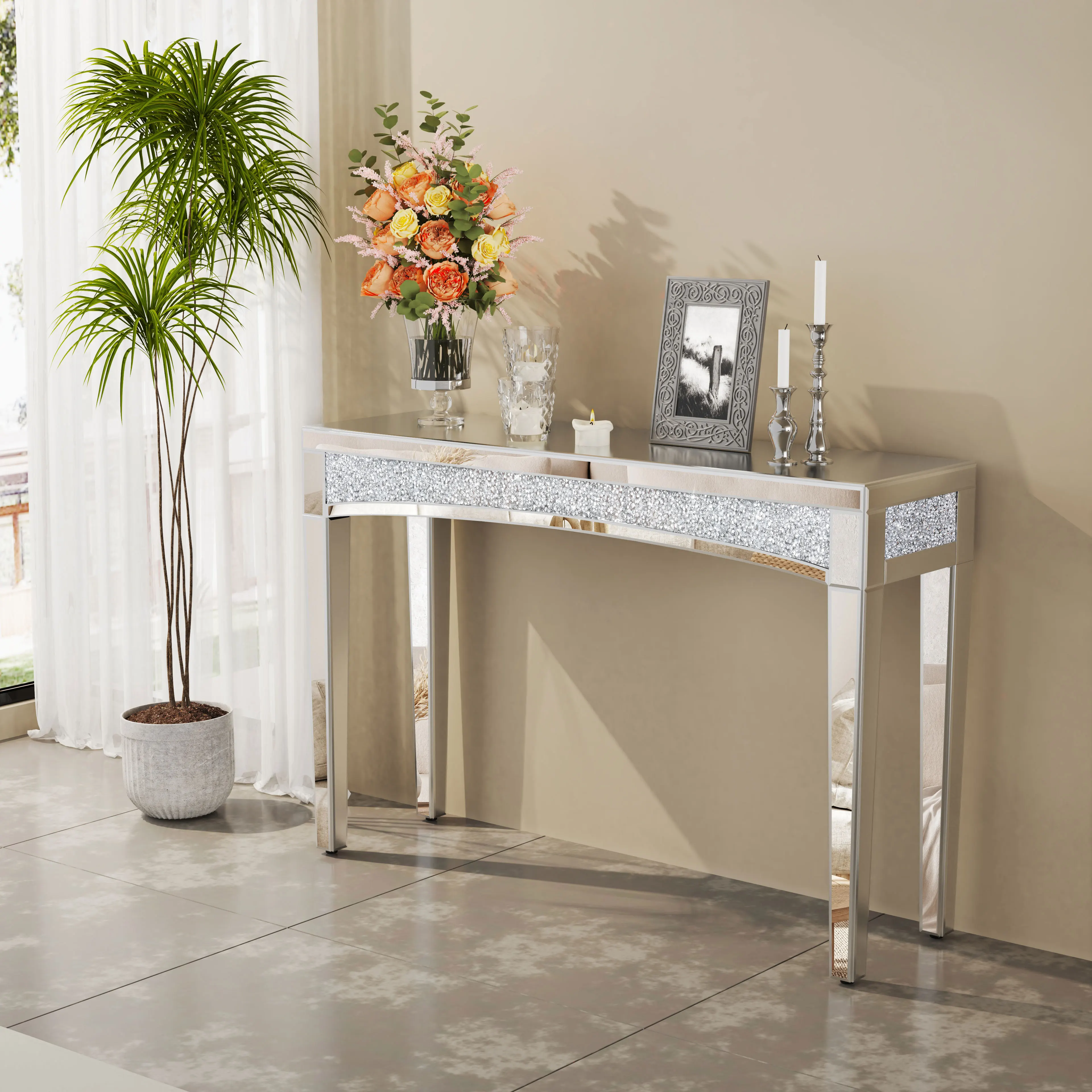Silver Console Table Mirror Sofa Table with Crystal Inlay Front for Living Room Entryway Foyer 47.2