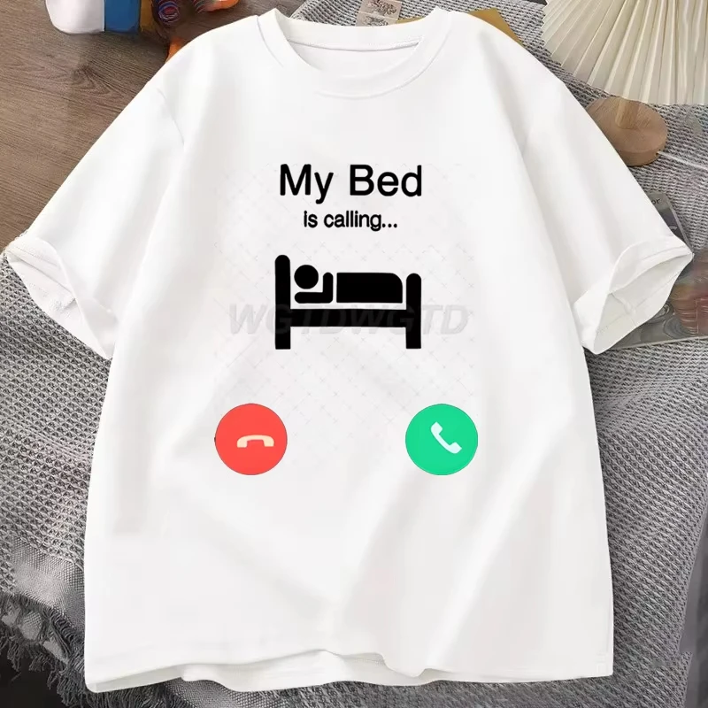My Bed Is Calling Graphic T Shirts for Men Women Phone Call Design Funny Unisex Clothes Summer Short Sleeve T-Shirt O Neck Tee