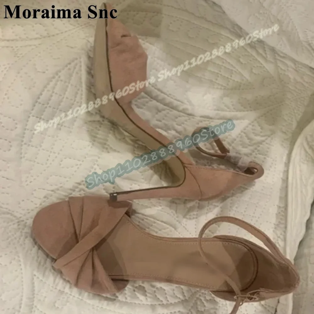 

Trending Apricot Flock Knot Shallow Sandals Stilettos High Heel Shoes For Women Ankle Buckle Strap Peep Toe Stylish Casual Shoes