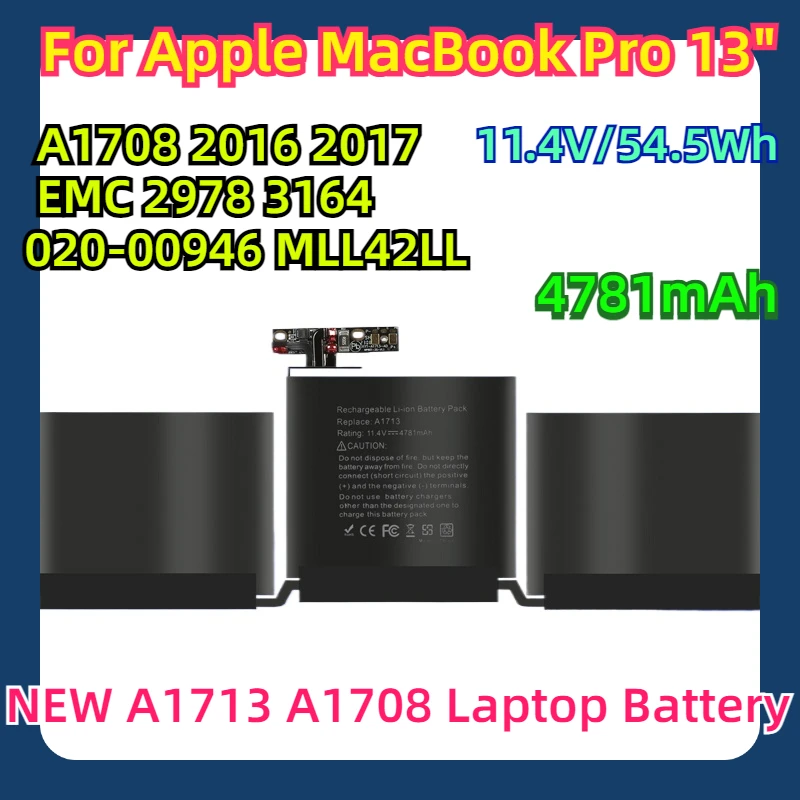 

For Apple MacBook Pro 13" A1708 2016 2017 EMC 2978 3164 020-00946 MLL42LL 11.4V/54.5Wh 4781mAh NEW A1713 A1708 Laptop Battery