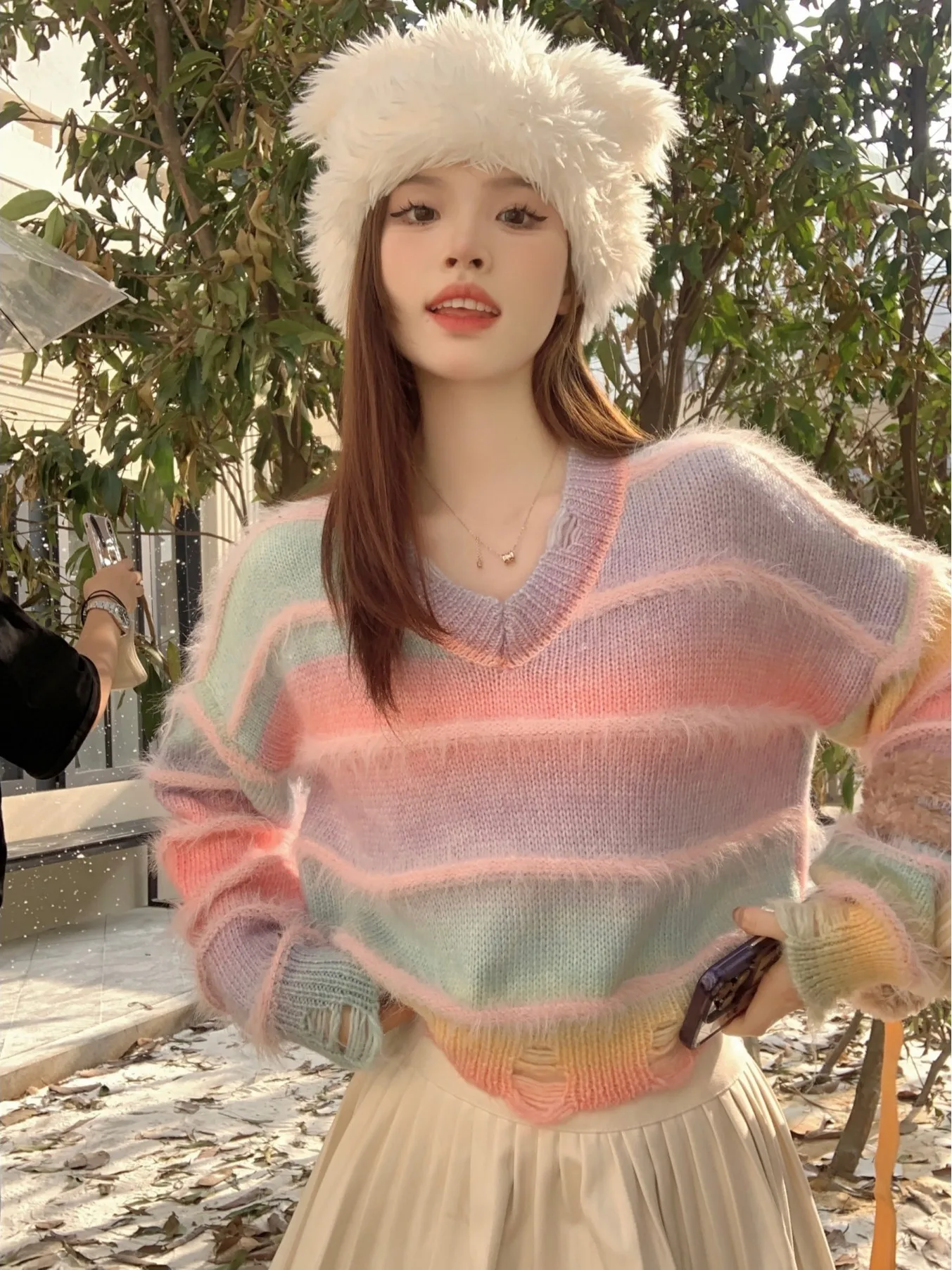 

Радужный трикотаж, свободный крой, полосатый топ, ленивый крой, осень-зима, новый дизайн, свитер из мягкого хлопка, V-Ne Long Sve для девочек