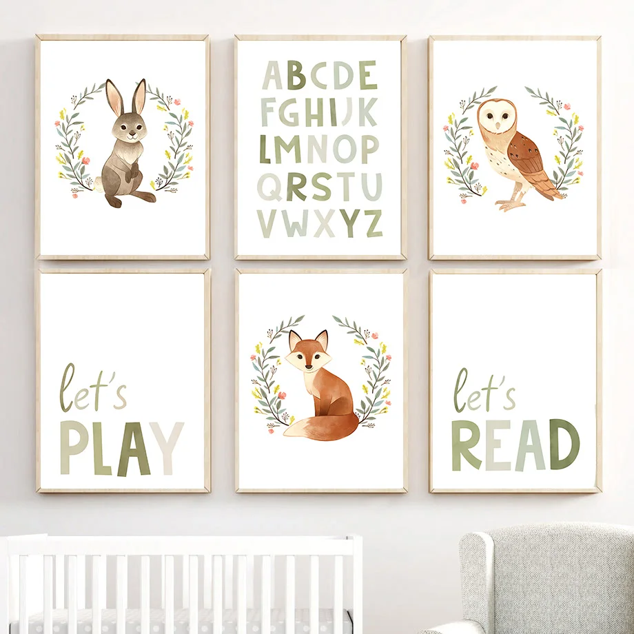 Watercolor Woodland Animal Nursery Wall Art Educational Alphabet Canvas Prints Bunny Owl Fox Poster Baby Room Kids Bedroom Decor