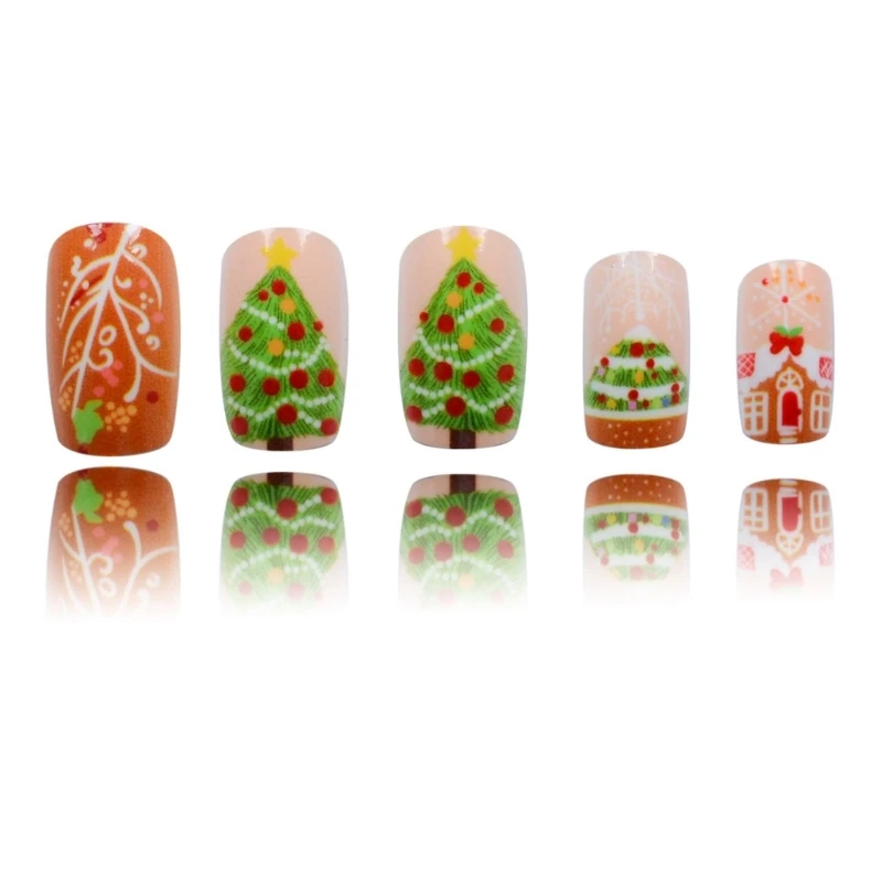 24pcs Christmas False Nails with Snowflakes and Tree Designs Press on Full Cover on for Seasonal Wear