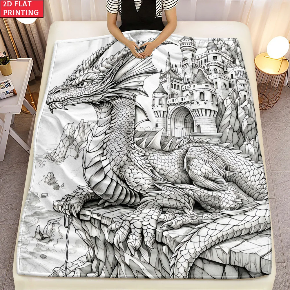 Oversized Dragon Fantasy Castle Art Blanket Throw Polyester Bed Cover Decoration Illustration Gift for Boyfriend Girlfriend