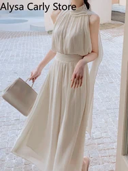 2025 Summer Elegant Vintage Dress Women White Design Party Slim One Piece Dress Koraen Casual Fairy White Beach Sleeveless Dress