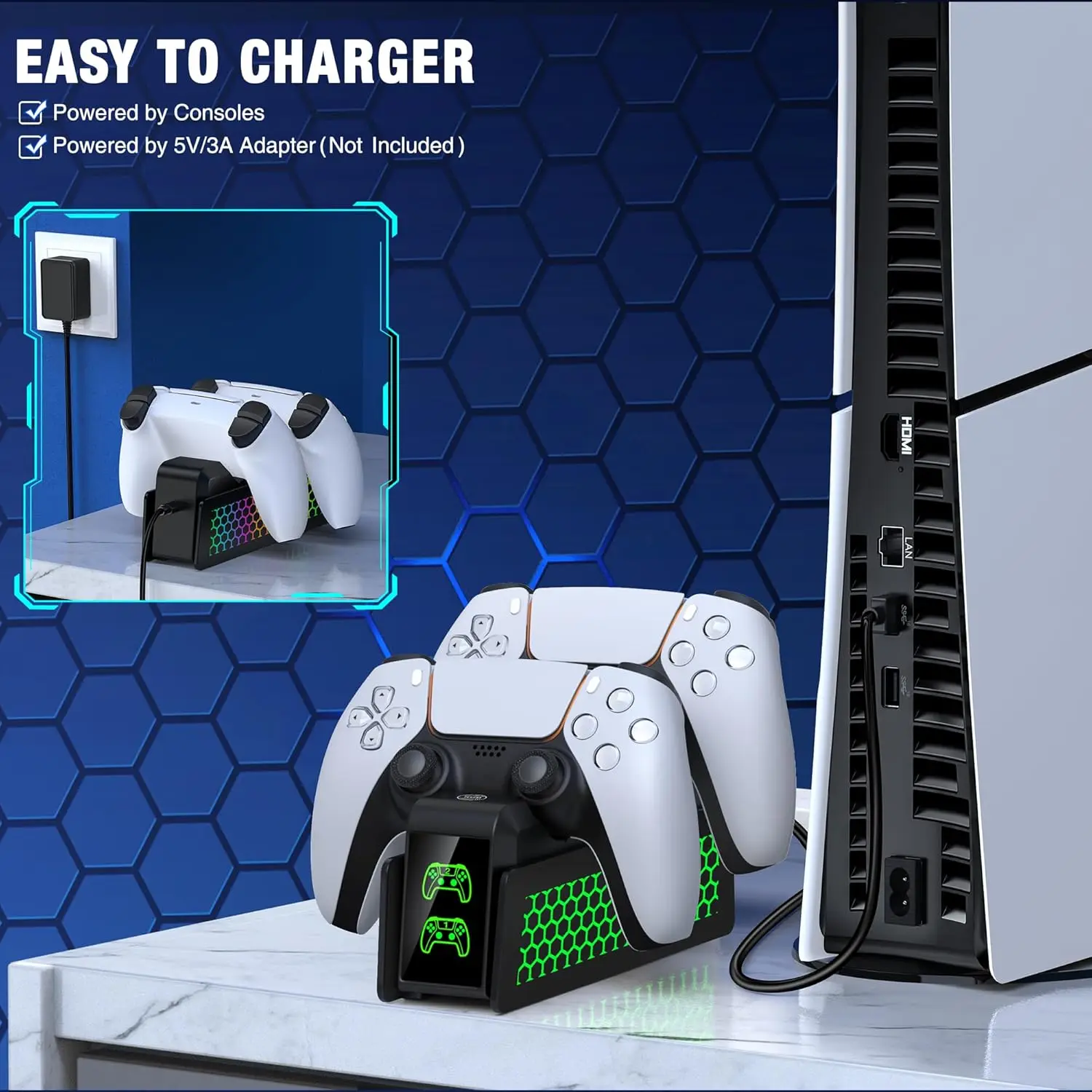 Caricabatterie per controller BEBONCOOL per controller PS5 Dualsense e Edge con indicatore LED Dock per caricabatterie doppio supporto per controller PS5